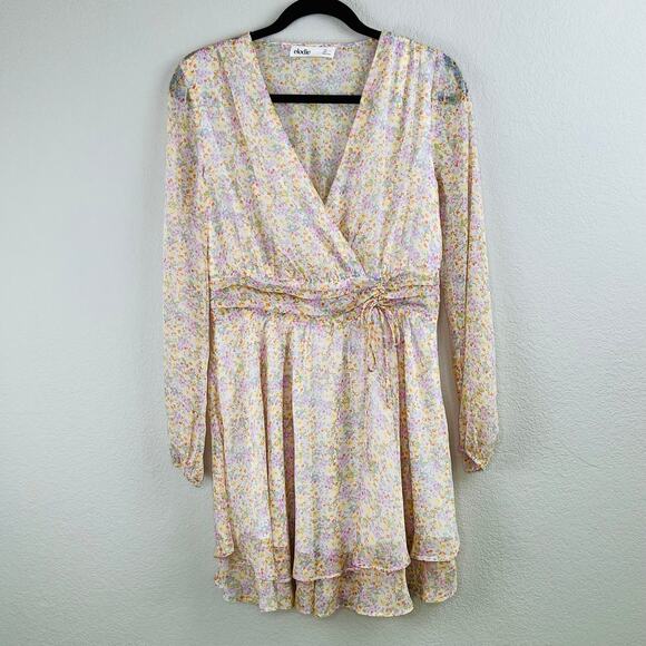 Elodie White Multi Floral Sheer Ruched Front Tie Surplice Mini Dress Large NWOT - Picture 15 of 16